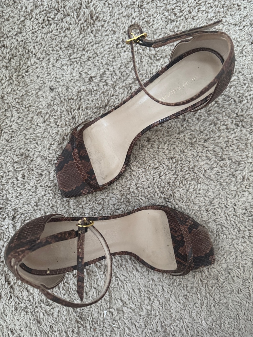 Stuart Weitzman Brown Snake-Print Ankle Strap Heels